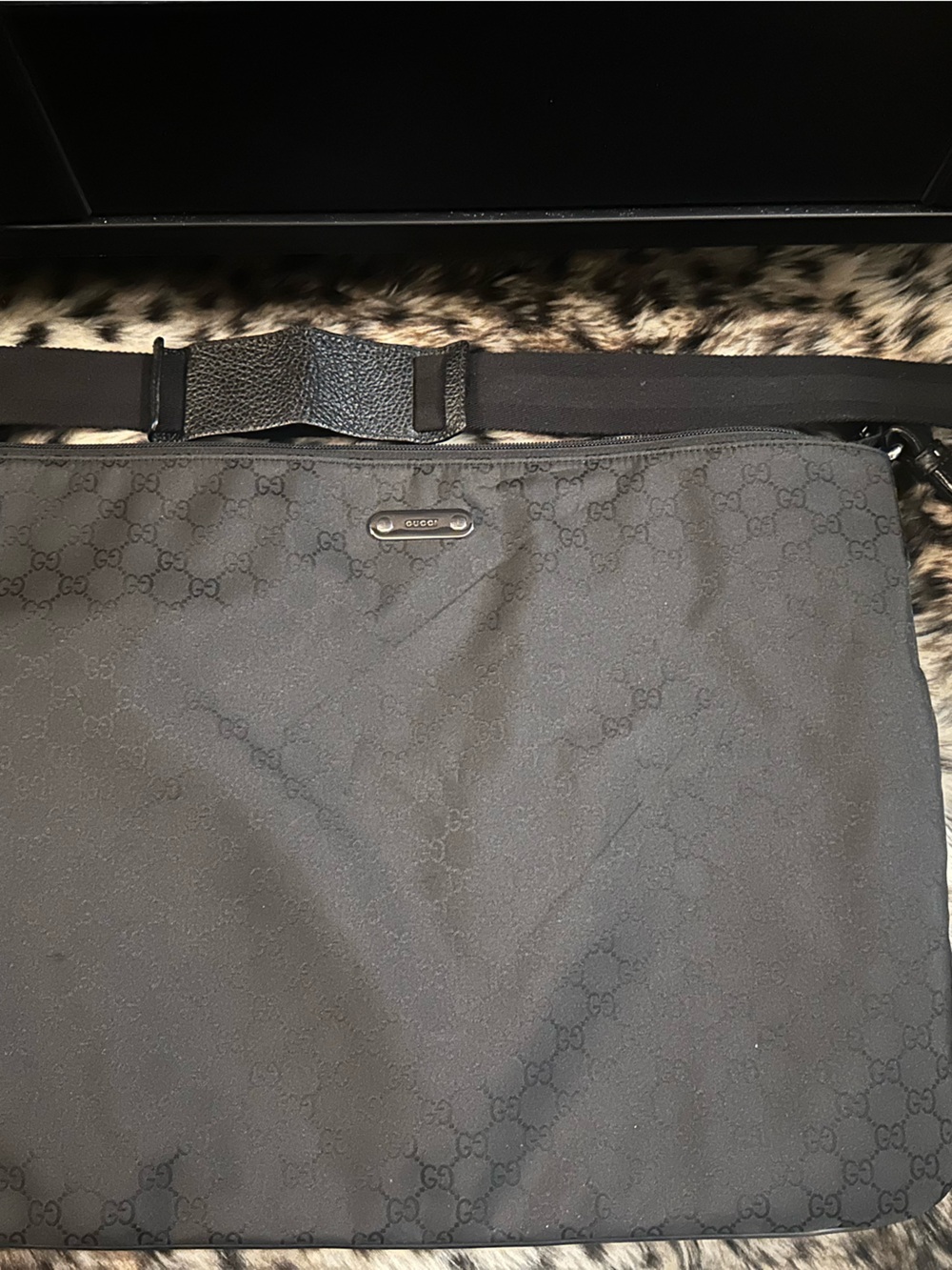 Gucci Black GG Monogram Messenger Bag with Logo Plaque - Authentic - Like New